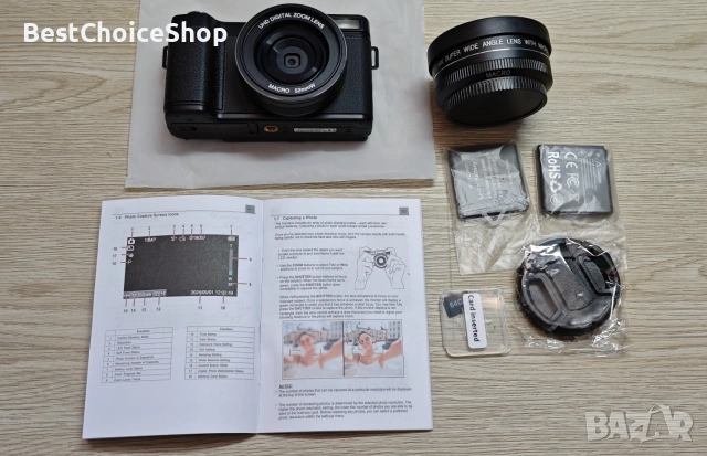 Цифрова камера 64MP 5K WiFi + широкоъгълен обектив + 2 батерии + 64GB мемори Пълна комплектация, снимка 3 - Фотоапарати - 55167179