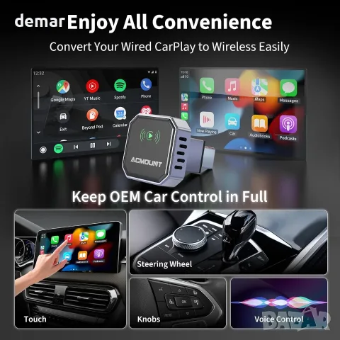 Безжичен CarPlay адаптер, 2-в-1 за Apple и Android (iOS 10+/Android 11+), снимка 2 - Аксесоари и консумативи - 55503042