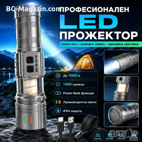 Мощен прожектор YEMAO 1400lm: Акумулаторен LED фенер 1000м обхват Къмпинг лампа и Power Bank, снимка 9 - Къмпинг осветление - 55123754