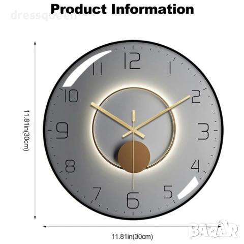 4444 Безшумен стенен часовник 30 см – елегантна черна рамка за дома и офиса