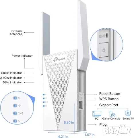 WiFi усилвател мощен двубандов TP-Link AX3000 WiFi 6 Range Extender DUAL BAND - ЗАВОДСКИ ЗАПЕЧАТАН, снимка 6 - Мрежови адаптери - 55298858