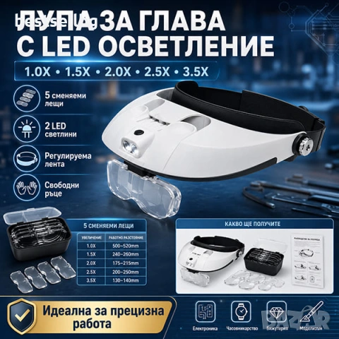 Увеличителна лупа за глава очила LED осветление лампа за часовници зъболекар четене шиене бродиране