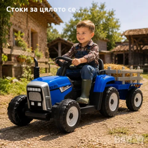 Детски акумулаторен трактор с ремарке 12V – 2x25W, MP3, Bluetooth, до 30 кг, син, снимка 4 - Детски велосипеди, триколки и коли - 55183436