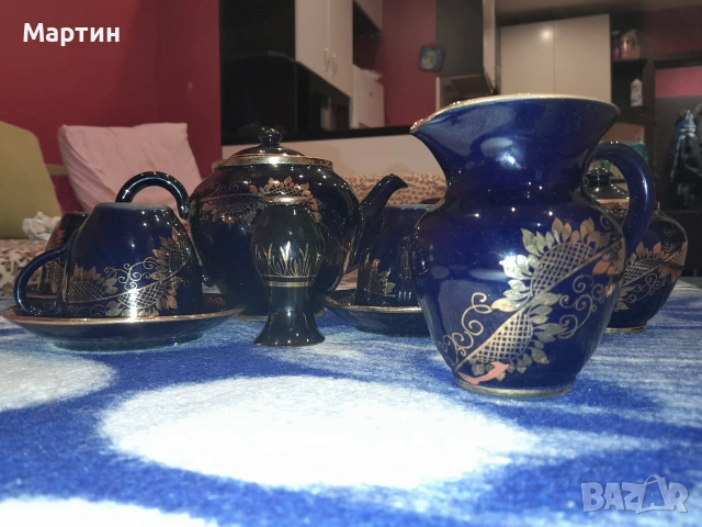 етро сервизи от соц времето – Кобалт със злато и Кехлибарено стъкло, снимка 4 - Антикварни и старинни предмети - 55255244