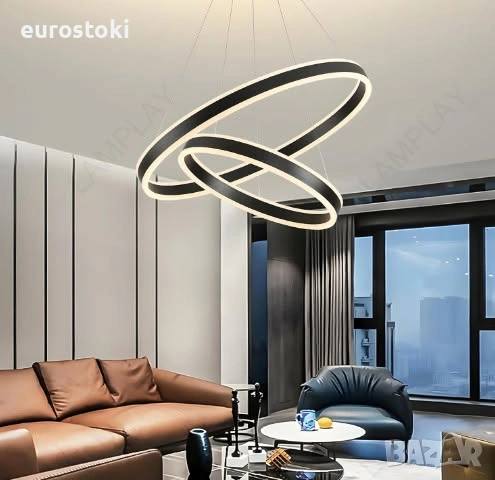Луксозен LED полилей LAMPLAY, модерна LED висяща лампа 65W, голяма таванна лампа с 2 черни пръстена 
