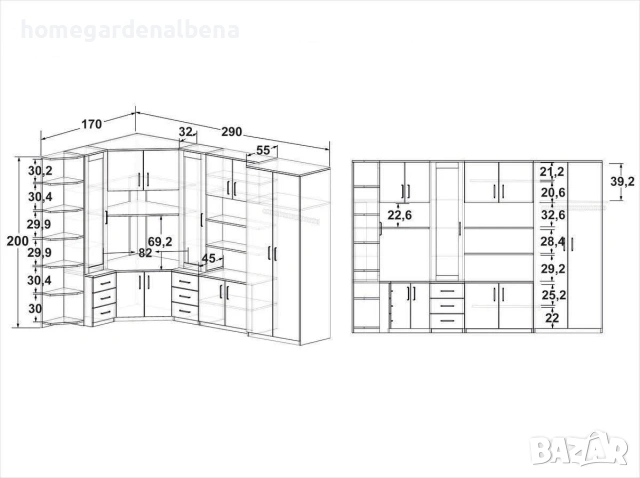 Ъглова секция Бохем — антрацит/бял дъб — 290/170/200 см — витрини, гардероб, снимка 3 - Секции и витрини - 54234244