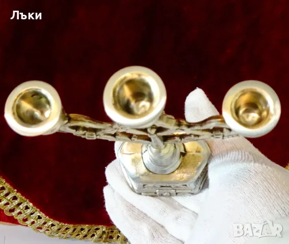 Калаен свещник,троен свещник Art Nouveau,позлата. , снимка 3 - Антикварни и старинни предмети - 55530738