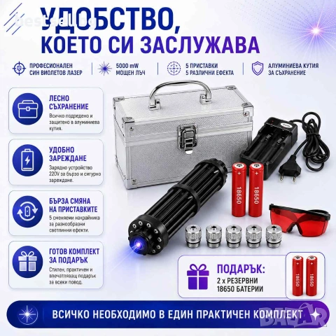 Мощен син акумулаторен лазер пойнтер 5000mW палещ клечка горящ цигара, снимка 6 - Други инструменти - 29084757