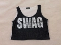Къс дамски потник “SWAG” – черно-бял – сребрист принт, снимка 2