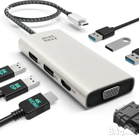 НОВА Minthouz USB-C Докинг Станция 7-в-1 | 8K DisplayPort | HDMI 4K | VGA | Quad Display, снимка 2 - Лаптоп аксесоари - 54461851