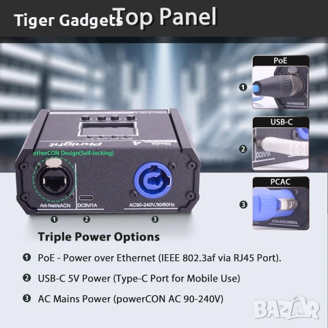Pknight CR041R MK II Art-Net/sACN към DMX512 конвертор – 4-портов двупосочен DMX Node с PoE..., снимка 3 - Друга електроника - 55143555