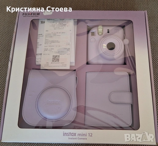 Комплект Fujifilm - Instax Mini 12, фотоапарат, албум, калъф, цвят лилав с гаранция