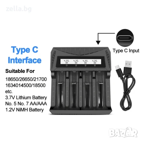 Универсално зарядно устройство за батерии 4 слота LCD – Li-ion Ni-MH AA AAA 26650 21700 USB-C 10446, снимка 9 - Друга електроника - 54703173