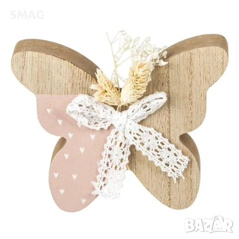 Великденска дървена декорация – бяла пеперуда с панделка и сухи цветя, 13x2.5x10 см._1233638, снимка 2 - Декорация за дома - 54224775