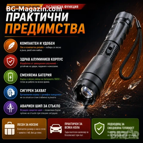 Мощен акумулаторен ръчен LED фенер с електрошок кучегон самоотбрана кучета охрана самозащита дански, снимка 4 - Оборудване и аксесоари за оръжия - 51014614