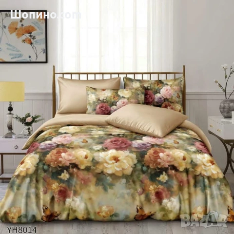 Флорални десени от памучен сатен с ластик, 4 части   4 части, двоен комплект С ЛАСТИК, снимка 14 - Спално бельо - 54068590