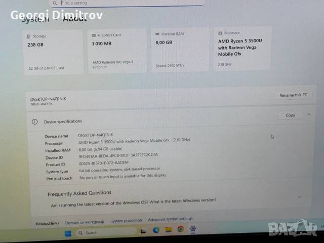 huawei matebook D14 Ryzen 5-3500U/8RAM/256SSD/Full HD, снимка 4 - Лаптопи за дома - 54984250