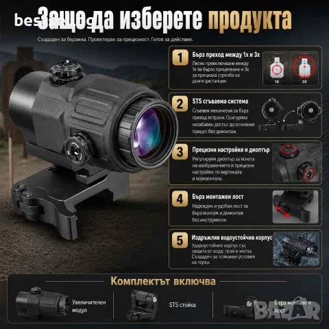 Тактически увеличител за прицел 3x увеличение STS бърз монтаж Weaver база пикатини 20mm за лов пушка, снимка 3 - Оборудване и аксесоари за оръжия - 54109940