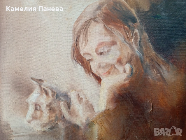 Картина- момиче с коте, снимка 3 - Картини - 54656933