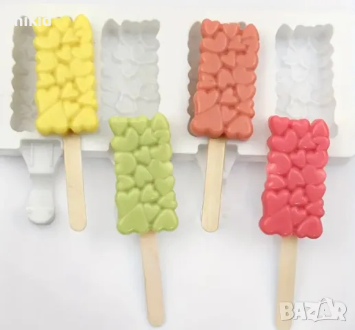 4 ескимо сладолед ситни сърца  Popsicle Попсикъл молд силиконова форма калъп за направа десерти