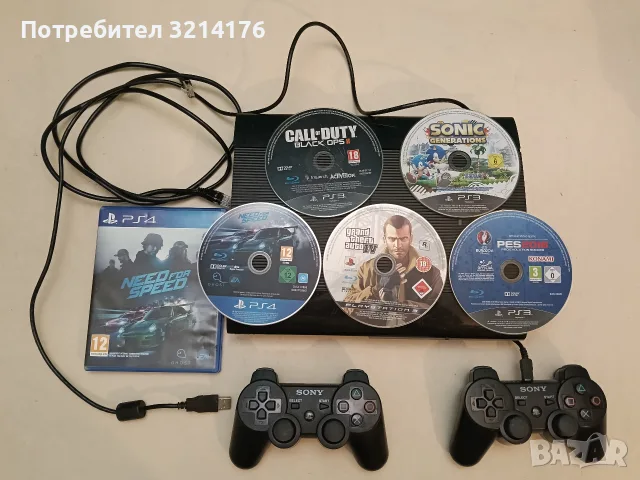 SONY Playstation PS3 Super Slim. 12GB; 2 оригинални джойстика + 5 диска с игри; LAN кабел
