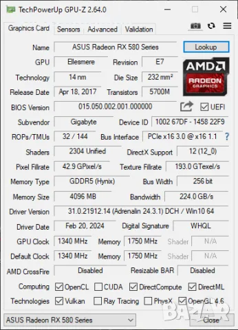 Видеокарта Gigabyte RX580 4GB, снимка 2 - Видеокарти - 55536088