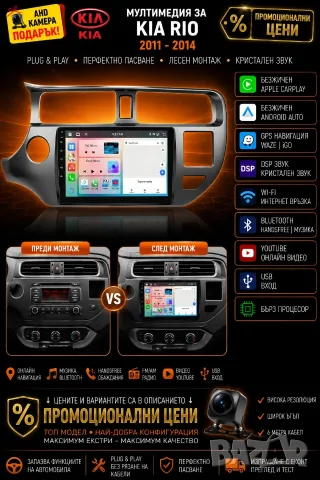 Мултимедия, KIA RIO, Навигация, Android, Caeplay, Waze, Android Auto, Киа Рио, Двоен дин, 2011-2014