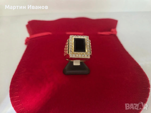 Златен мъжки пръстен с черен оникс, снимка 2 - Пръстени - 54572489