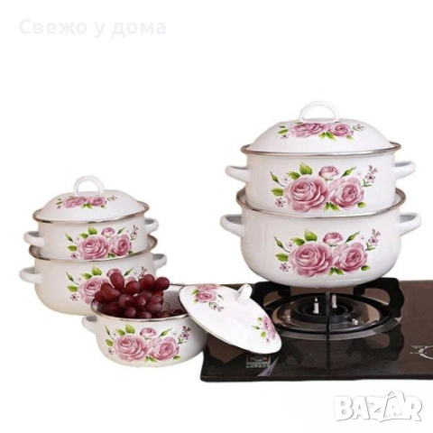 Комплект 5 бр. емайлирани тенджери с незалепващо покритите + капаци ТОП КАЧЕСТВО, снимка 4 - Съдове за готвене - 54170794