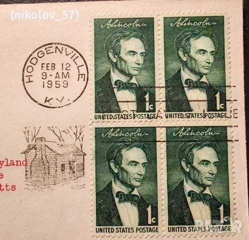 Първодневен плик (First Day Cover) от САЩ, издаден на 12 февруари 1959 г. в Ходжънвил, Кентъки. Плик, снимка 2 - Филателия - 54904730