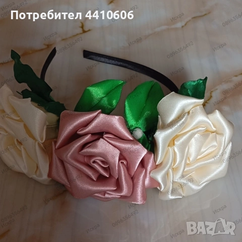 Ръчно изработена диадема за глава с обемни сатенени рози, снимка 2 - Декорация за дома - 54420009