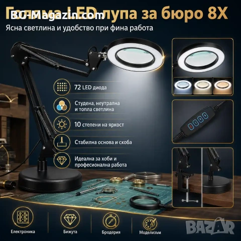 Професионална голяма настолна лупа с LED осветление четене за шиене гоблени стъклена бродиране лед