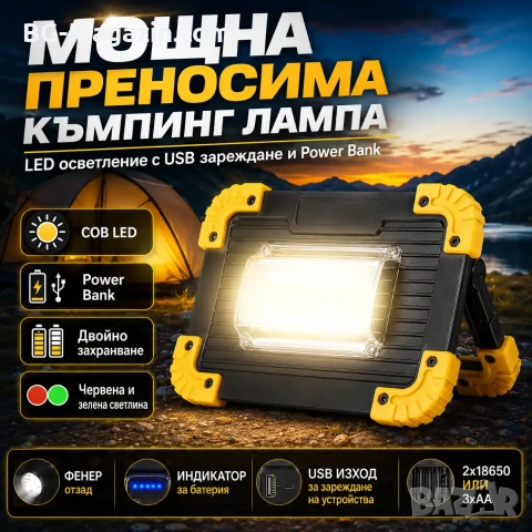 Мощна преносима къмпинг лампа LED осветление фенер презареждаща се USB за риболов палатка аварии