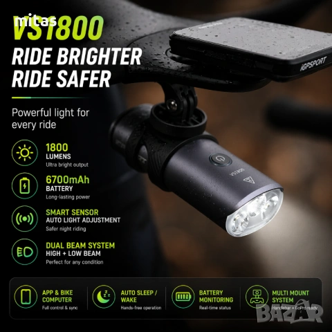 Предна SMART LED фар светлина за велосипед IGPSPORT VS1800 + Стойка M80/S81, 1800 lm, Bluetooth, USB, снимка 10 - Аксесоари за велосипеди - 54208361