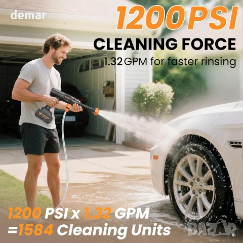 Безжична водоструйка Flouritech 21V Max, 1200 PSI с 2 батерии, маркуч и дюзи за почистване на автомо, снимка 3 - Градинска техника - 54995864