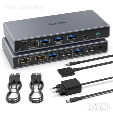 SUIDEK DisplayPort KVM Switch 2 Monitors 2 Computers – DP към HDMI KVM суич 4K@60Hz с 4 USB порта
