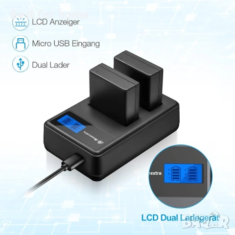Резервна батерия Powerextra за фотоапарати Panasonic DMW BLG10 и LCD с двойно зарядно- 2 броя, снимка 5 - Батерии, зарядни - 54808207
