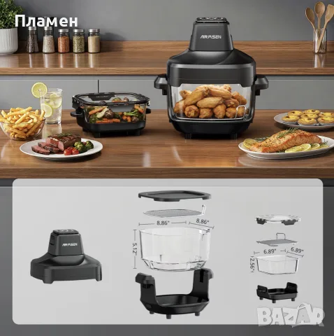 AIRMSEN Portable Glass Air Fryer 4.5L + 1.2L Нов Стъклен Еърфрайър 1500W Без PFAS, снимка 9 - Фритюрници - 55424452