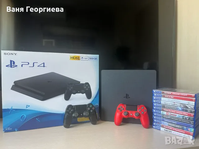 PS4 Slim 500 GB + 2 джойстика + 12 игри