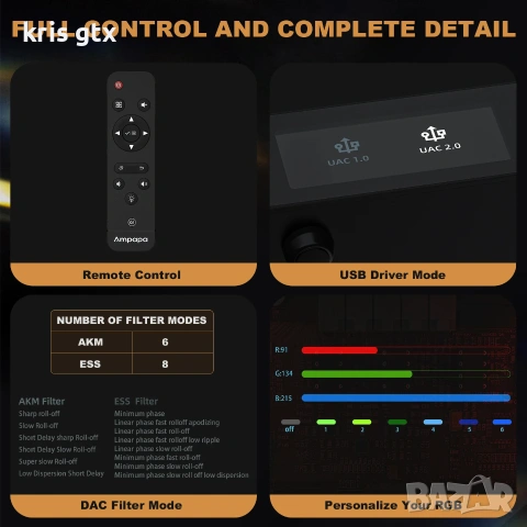 Hi Fi  комбо Ampapa Q1 DAC + Ampapa D1 TPA3255  ESS9039 AK4493  PFFB  Bluetooth 5.2, снимка 9 - Ресийвъри, усилватели, смесителни пултове - 55119113