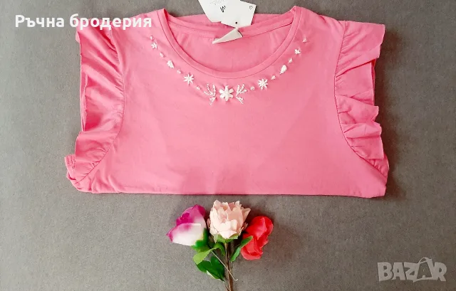 Блуза с нежна ръчна бродерия, къдри и мъниста, снимка 3 - Тениски - 55326625