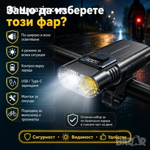 Акумулаторен LED фар за велосипед и тротинетка MACROCOSM с дигитален дисплей, снимка 5 - Аксесоари за велосипеди - 55123827