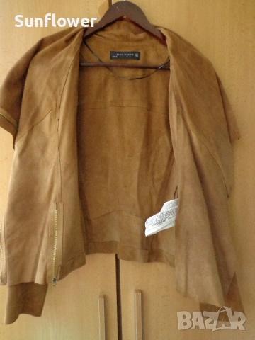 Дамско бежово яке ZARA, 100% естествена велурена кожа, размер M  , снимка 7 - Якета - 54583582