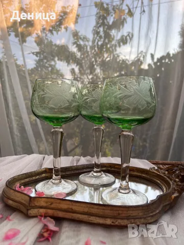 И последно за днес е зелено трио💚 Невероятно красив цвят, лозова декорация, снимка 5 - Чаши - 55670706
