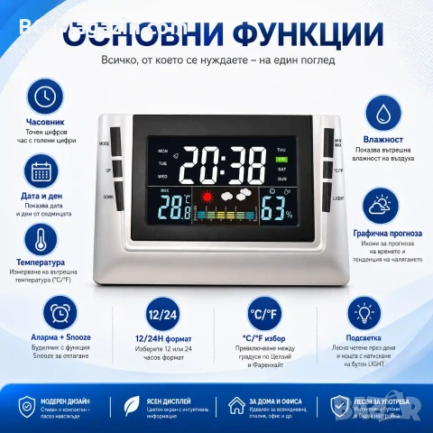 Електронна метеорологична станция с часовник термометър влагомер за дома офиса спалня температура, снимка 3 - Други - 53109070