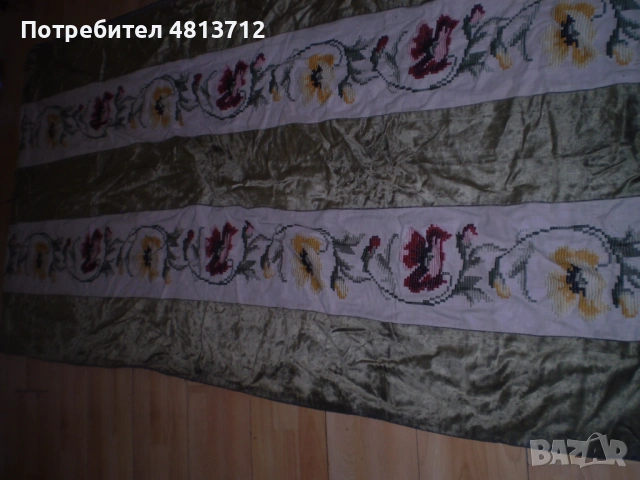 19 ти век ръчно бродирана покривка зелен плюш кадифе, снимка 6 - Антикварни и старинни предмети - 54781752