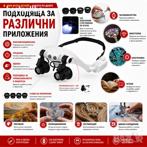 Златарска професионална увеличителна лупа очила лед осветление бижута, снимка 7 - Други инструменти - 29106251