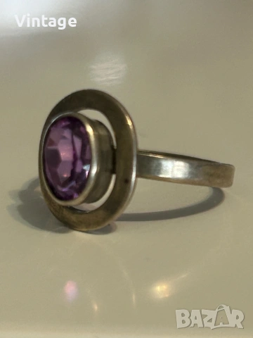 Прекрасен старинен съветски сребърен пръстен с естествен камък аметист , снимка 4 - Пръстени - 53347517