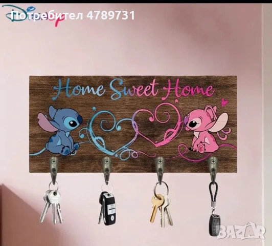 Декоративна дървена табела „Home Sweet Home“ с героите Стич и Ангел., снимка 2 - Декорация за дома - 54115597