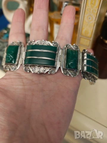 Антикварна сребърна гривна Мексико ,зелен оникс ., снимка 3 - Гривни - 54030476